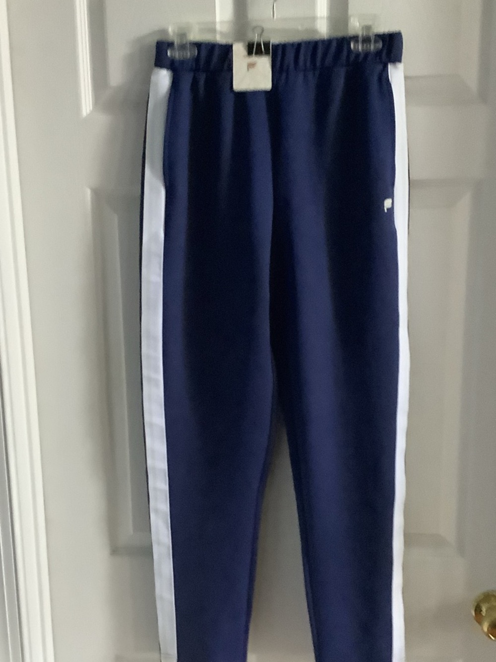 Fabletics Navy Track Pants with White Side Stripes